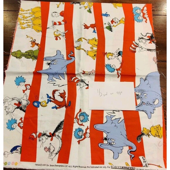 Lot Of 5 Dr. Seuss Fabric R. Kaufman Material Horton Cat In Hat Grinch - Picture 6 of 6